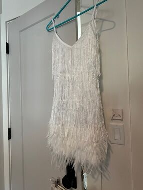 White Beaded Fringe Feather Mini Dress